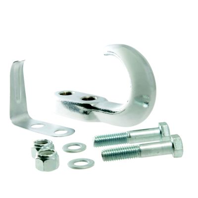 Chrome steel tow hook with spring clip, bolts, and nuts, showcasing robust construction for a 10,000 lbs capacity.