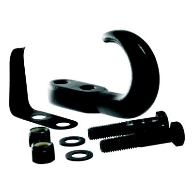 Black steel tow hook with bolts, spring clip, and washers for heavy-duty towing up to 10,000 lbs.