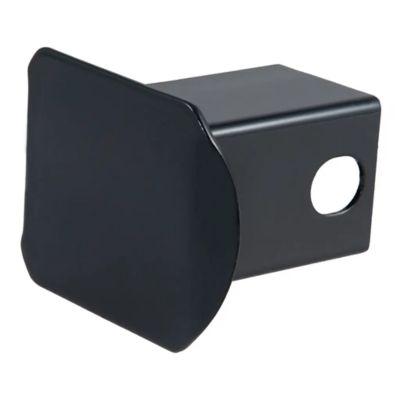 Black steel trailer hitch cover, square design, fits standard 2-inch receiver, sleek and durable finish.