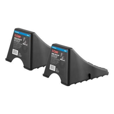 Black plastic wheel chocks for vehicles, trailers, trucks, and RVs, featuring a 2-pack set by CURT for secure parking.
