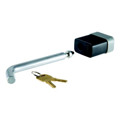 Trailer hitch lock with a curved pin and keys, designed for secure fit on standard receivers, showcasing durable construction.