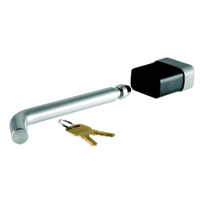 Trailer hitch lock with key, featuring a durable pin and black cap, designed for versatile receiver fits.