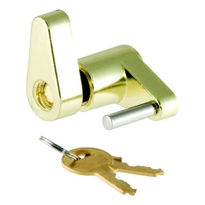 Brass-plated trailer tongue coupler lock with keys, showing durable steel construction and compact design.
