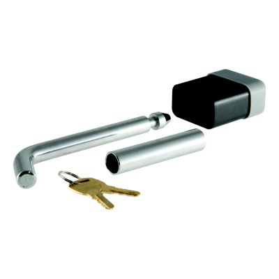Trailer hitch lock with keys, featuring a pin and adapter for 1-1/4 or 2-inch receiver, ideal for secure towing.
