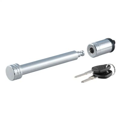 Trailer hitch lock with a sleek silver design, includes detachable pin and two keys, suitable for 3-inch receivers.