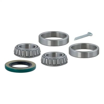 Replacement trailer wheel bearing kit, featuring multiple components including bearings, seals, and a bolt for maintenance.
