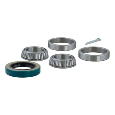Replacement trailer wheel bearing kit with rollers, rings, seal, and cotter pin displayed on a white background.