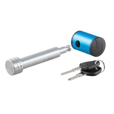 Stainless steel trailer hitch lock with right-angle design, blue cap, and keys, fits standard 2-inch receivers.