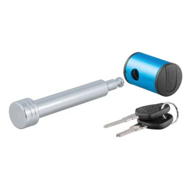 Right-angle trailer hitch lock with blue cylinder, metal pin, and keys for secure towing. Fits 2 or 2-1/2 inch receivers.