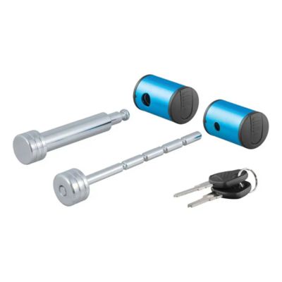 Right-angle trailer lock set with blue barrels, silver pins, and keys for secure towing solutions.