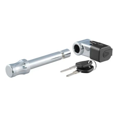 Right-angle trailer hitch lock with chrome finish, including hitch pin and two black keys, suitable for 2-inch receivers.