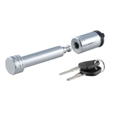 Trailer hitch lock with chrome finish, includes lock with detachable pin and set of keys, designed for 2-inch receivers.