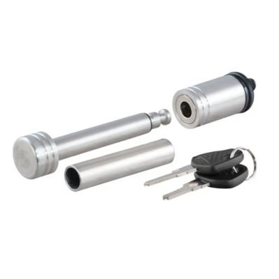Stainless steel trailer hitch lock with keys, showcasing pin and adapter for 1-1/4 or 2-inch receivers.