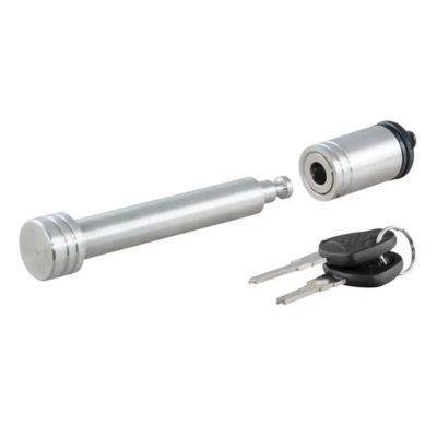 Stainless steel trailer hitch lock with keys and removable cap, designed for secure attachment to 2 or 2-1/2 inch receivers.