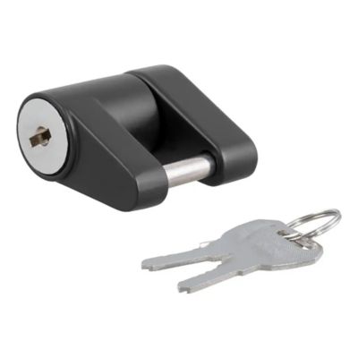 Black trailer tongue coupler lock with two keys, featuring a cylindrical design and durable construction.