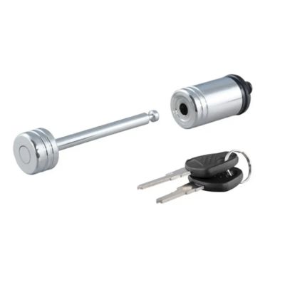 Chrome trailer coupler lock set with keys and locking pin, showcasing secure locking mechanism for trailers.