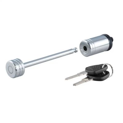 Chrome trailer tongue coupler lock with keys, featuring a lockable pin and durable construction for secure trailer attachment.