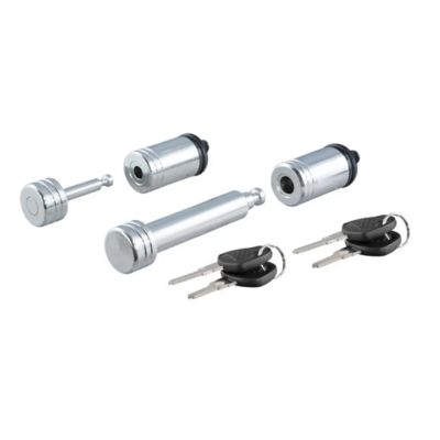 Silver trailer lock set with cylinder locks and black keys, designed for 2-inch receivers, enhances towing security.