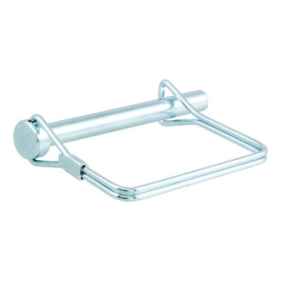Silver trailer coupler pin with secure clip, ideal for trailer hitch connections and towing applications.