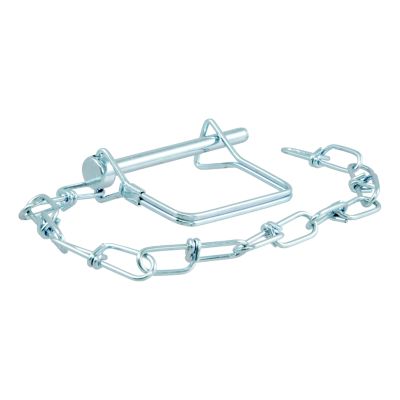 Trailer coupler pin with attached chain, ideal for securing towing connections. Rust-resistant silver finish for durability.