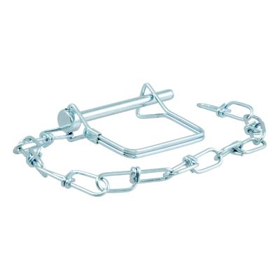 Trailer coupler pin with attached chain, ideal for securing towing components, featuring a compact and durable metal design.