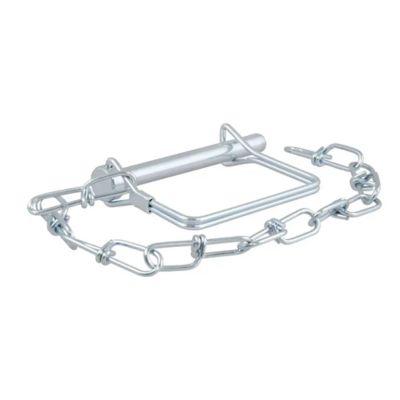 Trailer coupler pin with attached chain, showcasing durable metal construction and secure locking mechanism.