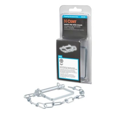 Trailer coupler pin with chain in packaging, showing the CURT logo and product fit information.