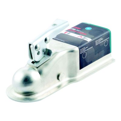 Trailer coupler for 3-inch channel, steel finish with latch, fits 2-inch hitch ball, 5,000 lbs capacity.