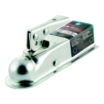 Silver straight tongue trailer coupler for hitch ball, CURT 25128, designed for secure towing and easy attachment.