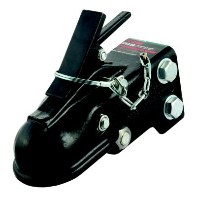 Channel-mount adjustable trailer coupler with hitch ball and bolt details, supporting up to 15,000 lbs.