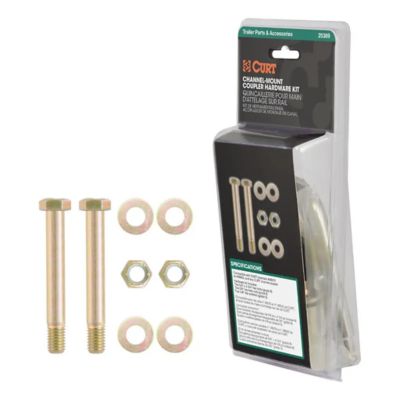 Channel-Mount Adjustable Trailer Coupler Hardware Kit by CURT, featuring bolts, nuts, and washers in packaging.