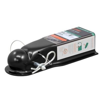 QuickPin No-Latch Trailer Coupler featuring a sleek black design, suitable for a 2-inch hitch ball, with informational labels.