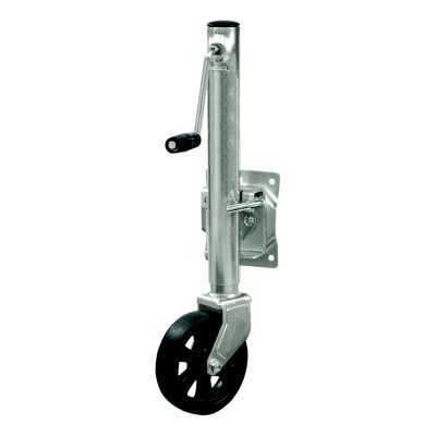 Marine boat trailer jack with wheel, featuring durable construction and crank handle for easy maneuverability and support.