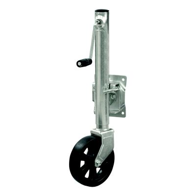 Marine boat trailer jack with black wheel and vertical crank handle, designed for enhanced maneuverability and support.