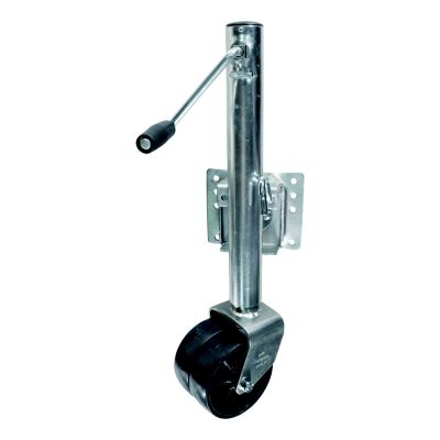 Marine trailer jack with black wheel and swivel handle, designed for heavy-duty boat support and easy maneuverability.