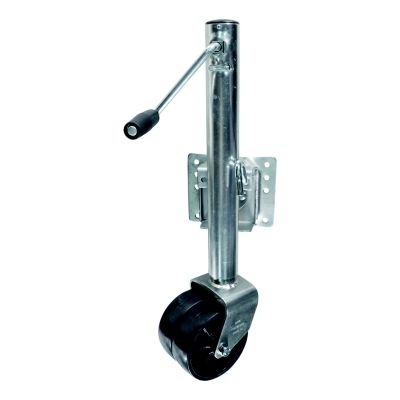 Marine boat trailer jack with sturdy metal construction, ergonomic handle, and durable wheel for easy maneuverability.