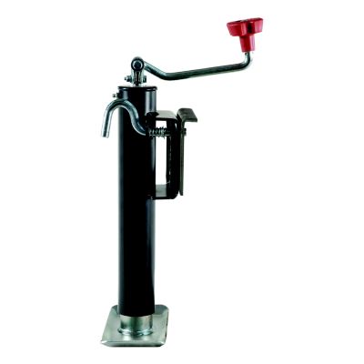 Weld-on bracket-style swivel trailer jack with a red handle, showcasing robust design and high support capacity.
