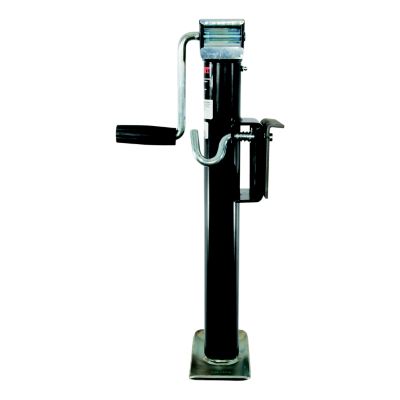 Weld-on bracket-style swivel trailer jack with crank handle, designed for 3,000 lbs support capacity and smooth vertical travel.