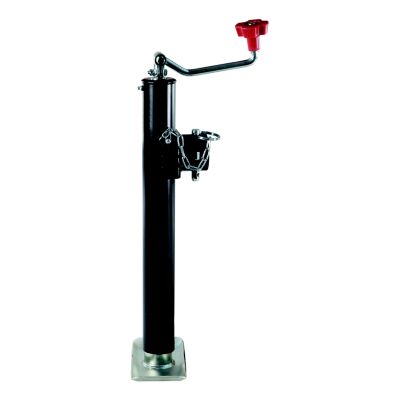 Weld-on pipe-mount swivel trailer jack with red handle, chain, and base plate for heavy-duty support.