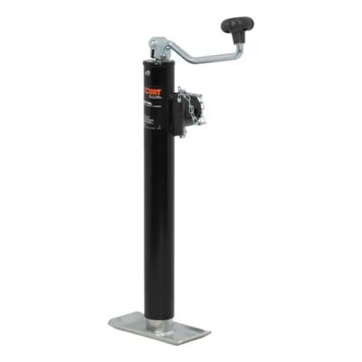 CURT weld-on pipe-mount swivel trailer jack with handle, steel construction, black finish, supports 5,000 lbs, enhances stability.