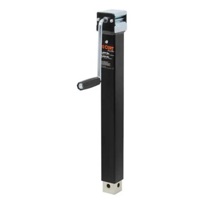 Heavy-duty trailer jack with crank handle, featuring a sleek black design for enhanced stability and support.