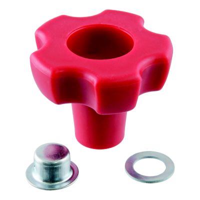 Red replacement jack handle knob with metal cap and washer for top-wind jacks, featuring a gear-like design.