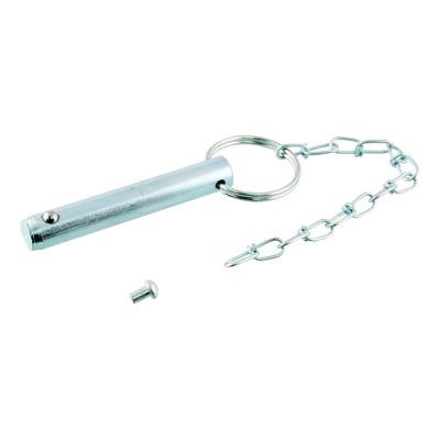 Swivel jack pin replacement with attached chain and securing components, ideal for trailer usage and equipment stability.
