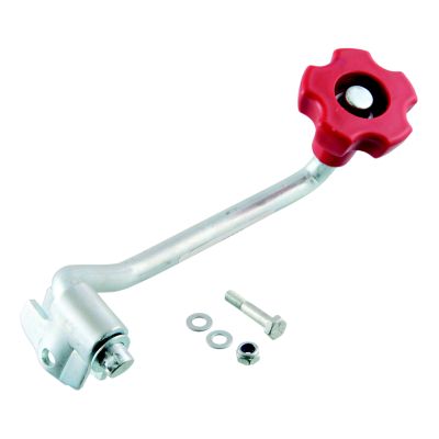 Replacement jack top-wind handle with a vibrant red grip, showcasing durable metal construction with included bolt and washers.