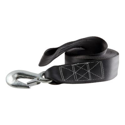 Nylon winch strap with metal hook, heavy-duty design, and durable stitching for secure load handling.
