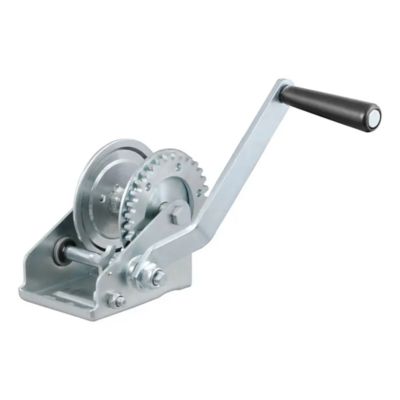 Manual hand crank boat trailer winch with sturdy gear system and ergonomic handle design for easy operation.