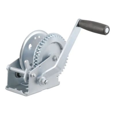Manual hand crank boat trailer winch with sturdy metal frame and black handle, showcasing gear mechanism and compact design.