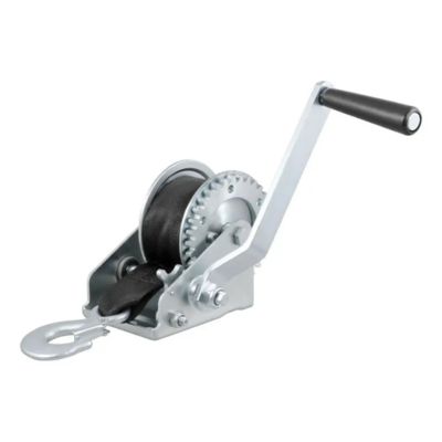 Manual hand crank boat trailer winch with black strap, durable build, and ergonomic handle for easy lifting and securing.