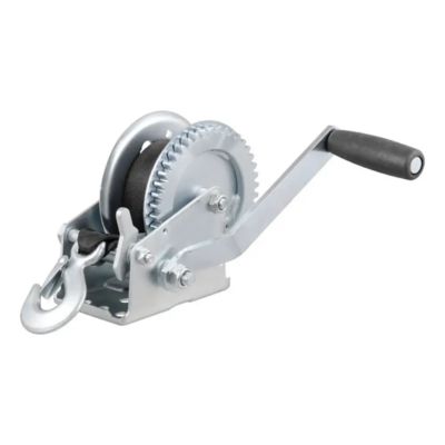 Manual hand crank boat trailer winch with durable strap, hook, and gear mechanism for reliable towing.