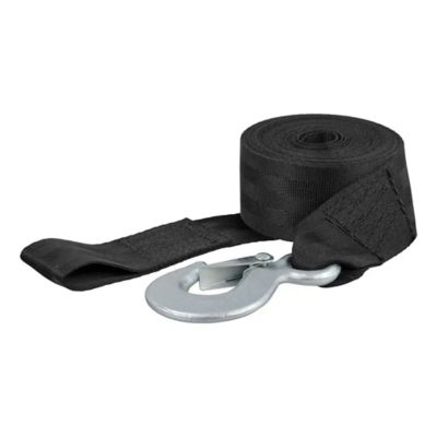 Black nylon winch strap with metal hook, rolled up and ready for heavy-duty towing and recovery tasks.
